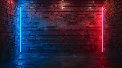 Brick wall illuminated with red and blue neon light Volumetric texture cyberpunk loft background 