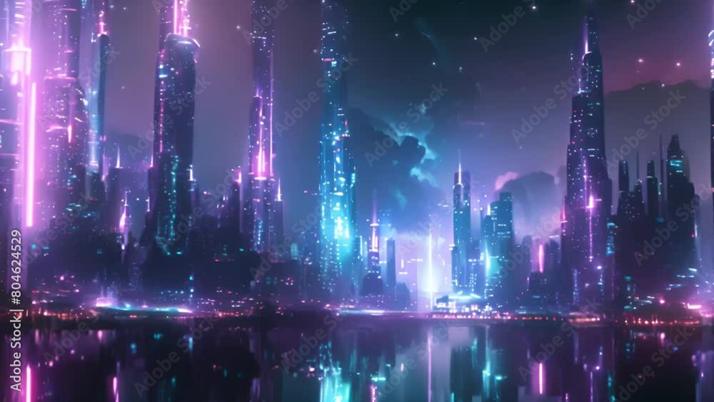 Poster a modern cityscape with neon lights shining on the water, creating a futuristic reflection of buildi