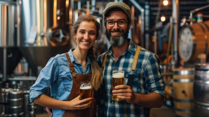 Happy man and woman posing with craft beers in a brewery, smiling for a portrait