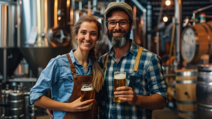 Fototapeta premium Happy man and woman posing with craft beers in a brewery, smiling for a portrait