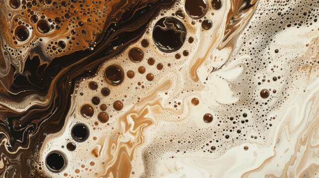 Close up abstract brown caramel shapes latte art in coffee. Liquid texture coffee background macro. Cappuccino and milk foam close up view. High quality photo