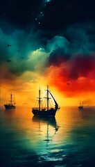 Fototapeta premium Bunte Nacht am Meer. Wallpaper für Telefon 3.