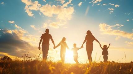 Silhouetted family of four holding hands in a field, with the sun setting behind them, creating a warm glow.