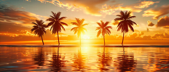 Serene Sunset on a Tropical Beach, Palm Trees Silhouetted Against a Warm Sky, Relaxing Vacation Spot