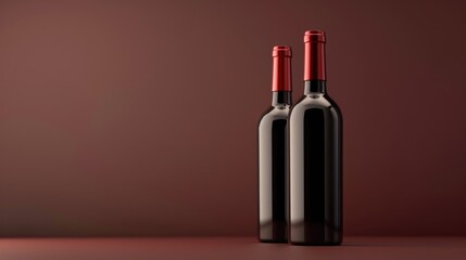 Fototapeta premium Two bottles of red wine on a dark red background. AIG51A.