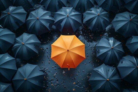 A solitary orange umbrella stands out against a sea of blue umbrellas, showcasing uniqueness and nonconformity