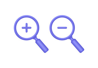 3D Set of magnifying glass icons with plus, minus marks. Trendy and modern vector in 3d style