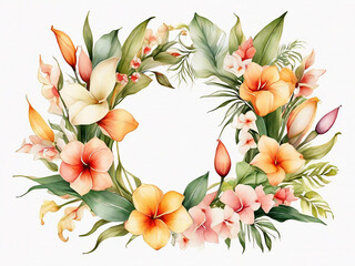 digital watercolor botanical illustration Easter egg shape Tropical flowers wreath palm leaves calla lily hydrangea Floral arrangement white background Greeting card template copy space