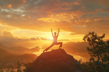 yoga pose on mountain during sunset, International yoga day concept image with copy space for text, World meditation day - generative ai