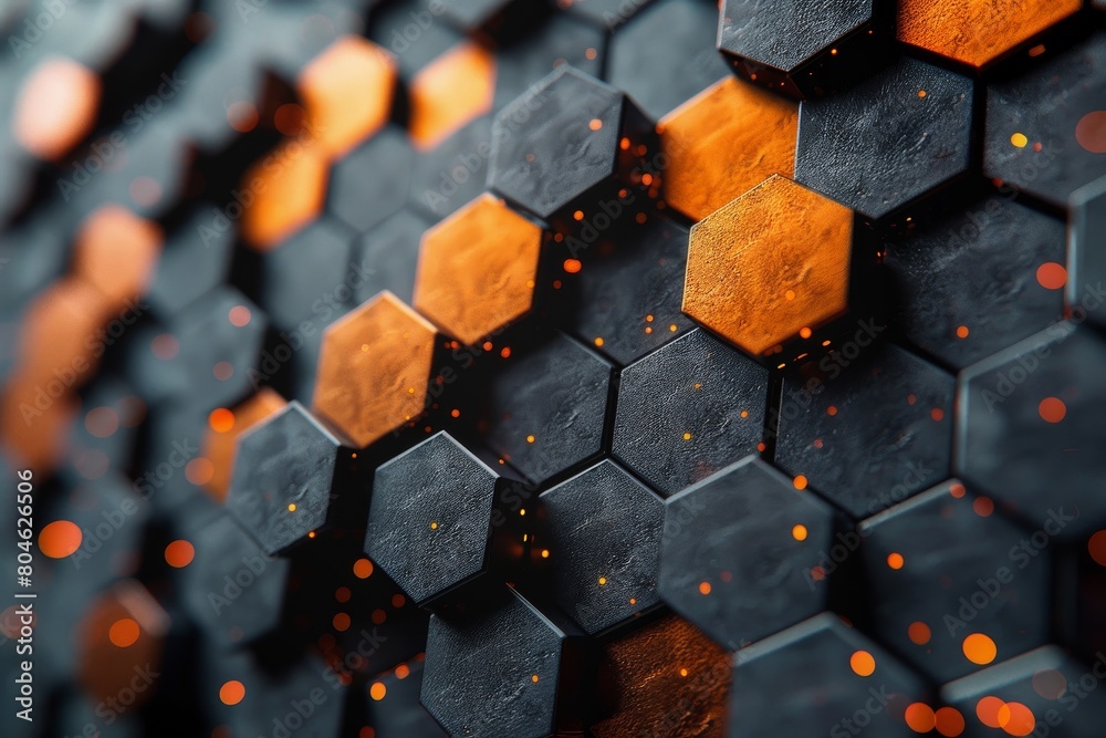Poster dark background with hexagonal pattern, highlighted by orange tones that give a sense of depth and d