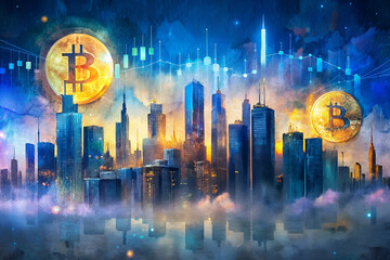Artistic Shot of Digital Screens Displaying Fluctuating Bitcoin Values Against Global City Skylines