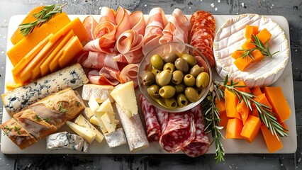 Aerial view of a diverse platter featuring meats, cheeses, olives, and bread. Concept Food Photography, Aerial View, Diverse Platter, Meats, Cheeses, Olives, Bread