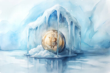 Minimalist Image of a Bitcoin Encased in Ice, Slowly Melting