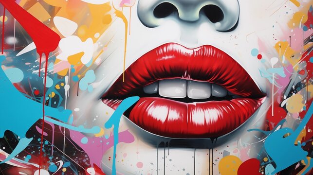 A colorful and vibrant graffiti of glossy red lips on a splattered paint background.