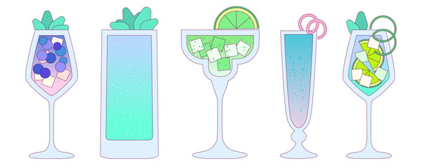 Cocktails set. Soft drinks with lime, ice cubes, mint. Margarita cocktail. Refreshing summer lemonade. Alcohol drink for bar. Non-alcoholic beverage. Flat vector illustration with outline, gradient