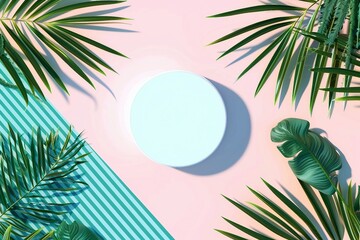 Natural Empty white cylinder box on summer scene background with tropical palm leaves. for cosmetic product display. generative ai.