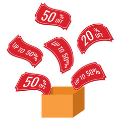 Yellow box with sales discount coupons 3D. Red coupons with discount percentage, vector. 3D gift coupon.