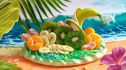 Colorful array of sliced fruits including melon, kiwi, and berries, perfect for themes of summer and healthy eating.