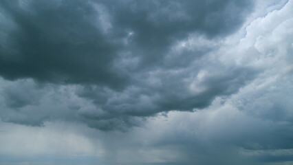 Gray rainy clouds float across dark sky. B roll sky and dark cloud. Nature environment dark huge...