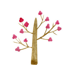 Watercolor illustration of cherry tree isolated on white background. Painting of stylized spring tree.