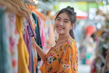 Happy young Asian woman buying new clothes in store. Sale shopping fashion and people concept.