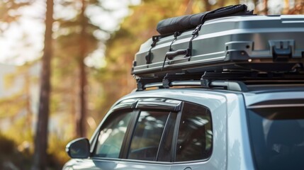 Fototapeta premium Close-up of a cars rooftop cargo box, equipped for travel or adventure in a woodland area during the day.