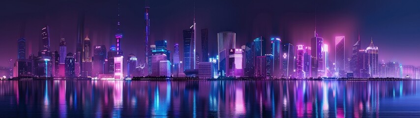 Night panorama of the large metropoliscity of cyber wave in futuristic cyberpunk style, neon city at night.