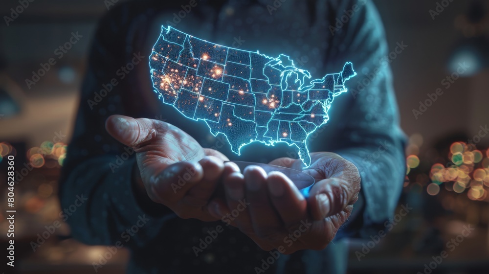 Aufkleber Businessman on blurred background using globe network hologram with America Usa map 3D rendering