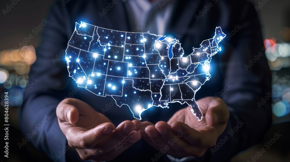 Aufkleber Businessman on blurred background using globe network hologram with America Usa map 3D rendering