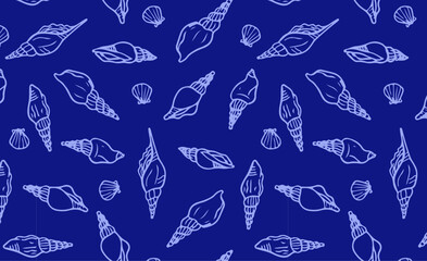 Spiral seashells hand drawn seamless pattern. Shells wallpaper on navy blue background. Ideal for design elements in nautical themes, marine and beach decor.