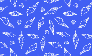 Spiral seashells hand drawn seamless pattern. Shells wallpaper on blue background. Ideal for design elements in nautical themes, marine and beach decor.