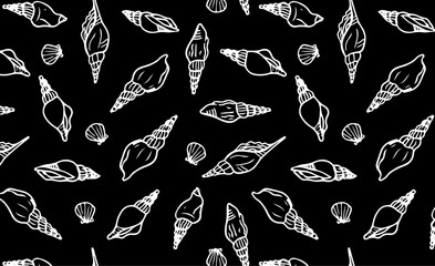 Spiral seashells hand drawn seamless pattern. Shells wallpaper on black background. Ideal for design elements in nautical themes, marine and beach decor.