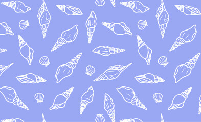Obraz premium Spiral seashells hand drawn seamless pattern. Shells wallpaper on light blue background. Ideal for design elements in nautical themes, marine and beach decor.