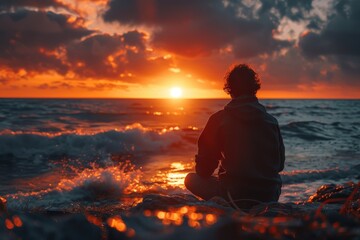 Obraz premium A human figure sits in quiet contemplation, watching a dramatic sunset over the moody waves of the sea
