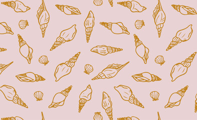 Spiral seashells hand drawn seamless pattern. Shells wallpaper on pink background. Ideal for design elements in nautical themes, marine and beach decor.