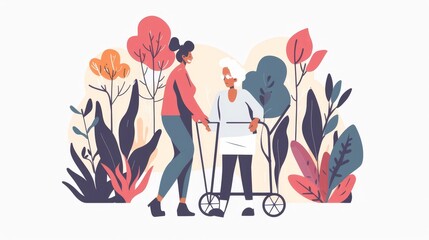 Illustration of a young woman guiding an elderly woman through a vibrant, tropical jungle, depicting adventure and care.