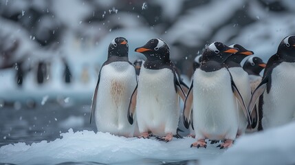 Group of Penguins on Iceberg in Antarctica, Chilly Surroundings, YouTube Thumbnail, Text Space on Left, Polar Wildlife