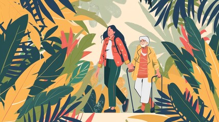 Illustration of a young woman guiding an elderly woman through a vibrant, tropical jungle, depicting adventure and care.
