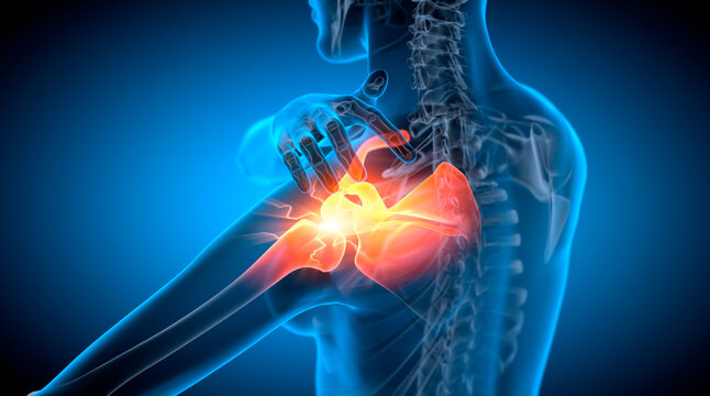 Woman with painful shoulder joint with blue background - x-ray 3d illustration