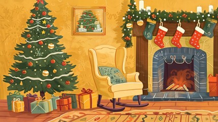 Illustration of a cozy Christmas setting with a decorated tree, gifts, and fireplace, ideal for festive themes and holiday greetings.