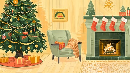 Colorful holiday scene featuring a Christmas tree and stockings hung by the fire, perfect for seasonal marketing and decoration.