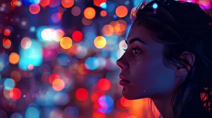 Intimate portrait of a young woman with colorful city lights blurring in the background, evoking a sense of mystery and allure.
