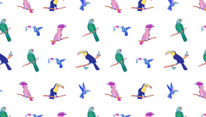 Tropical seamless pattern with flamingos, parrots, toucans on white background. Design for textile, wallpaper, print. 