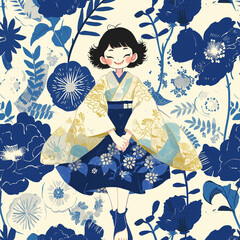 girl in kimono, surrounded by blue flowers