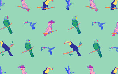 Tropical seamless pattern with flamingos, parrots, toucans on green background. Design for textile, wallpaper, print. 