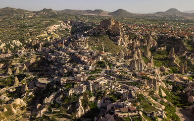 Aerial drone view of Uchisar before sunset
