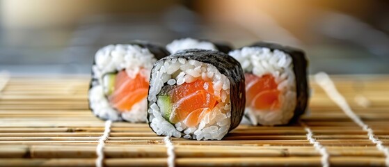 A close up of a sushi roll with salmon, cucumber, and rice on a bamboo mat.