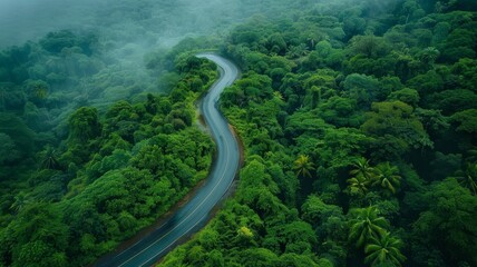 Aerial photo top view beautiful curve road on lush green forest.