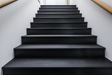Modern black stairs with sleek wooden handrail, minimalist interior design.