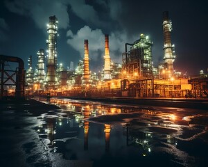 A large oil refinery at night, with the lights reflecting off the water. The refinery is in the distance, with a large fence in the foreground. The sky is dark and cloudy.